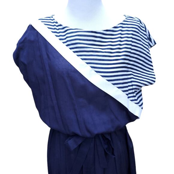 Vintage Jean Leslie Blue White Colorblock Dress Stripes Belted 1970s 70s Sz 16 - Picture 2 of 16